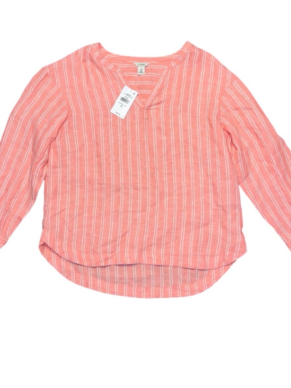 LL Bean Pink White Stripe Blouse Linen V Neck Ladies XS NWT Long Sleeve